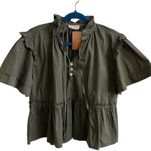 Sofia Sevilla Top Women Med Olive Green Romantic Ruffle Flutter Sleeve Peplum